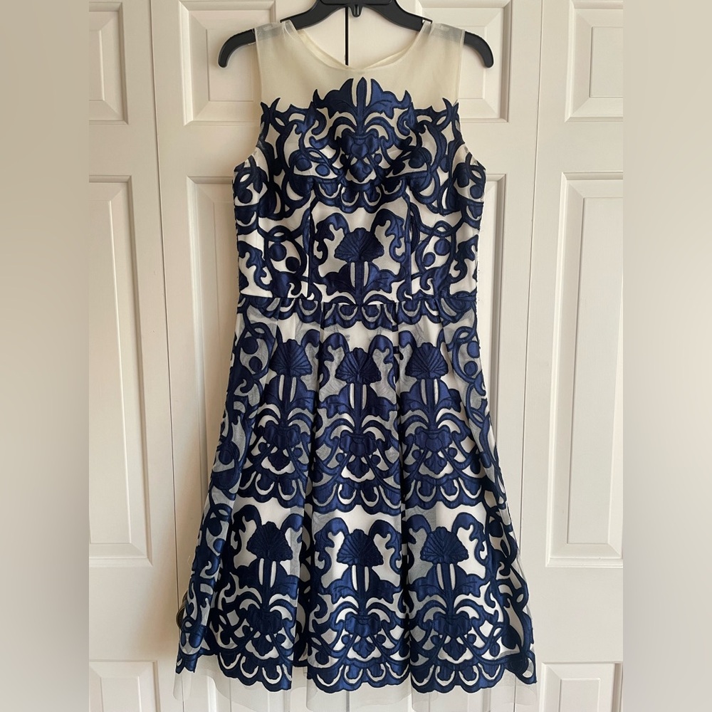 Cachet Blue and White Dress